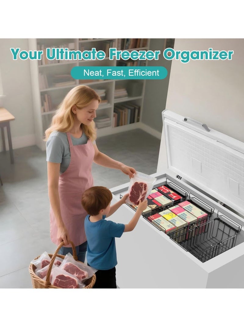 قطعتان من رفوف تنظيم الفريزر، قابلة للتمدد، صناديق تنظيم كبيرة وعميقة للفريزر، قابلة للتكديس والتعديل، تناسب الفريزرات الأفقية من 10 إلى 20 قدم مكعب، تخزين المطبخ، تنظيم المنزل، رفوف تنظيم المتاجر الكبرى، أسود - Image 4